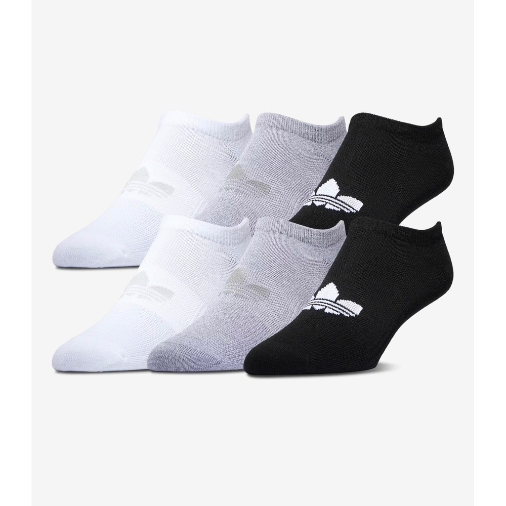 Adidas Originals Trefoil 6-Pack No Show Socks – Black/White/Grey – Unisex Large